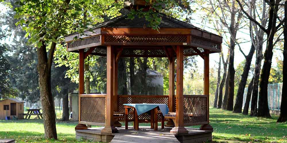 A hipped roof pergola